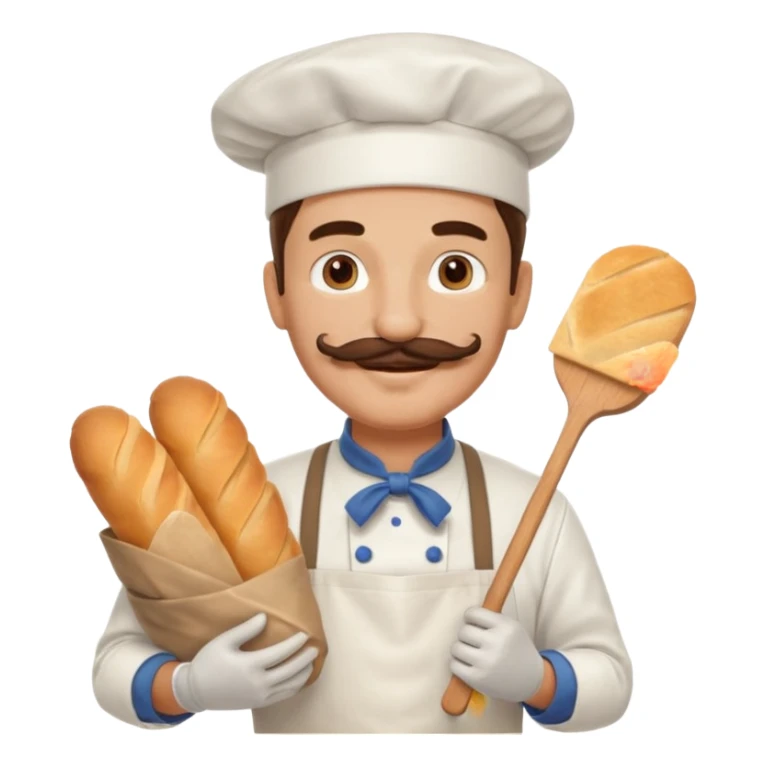 Middle aged male pastry chef - with a mustache, apron, white hat, holding a bag of bread sticker