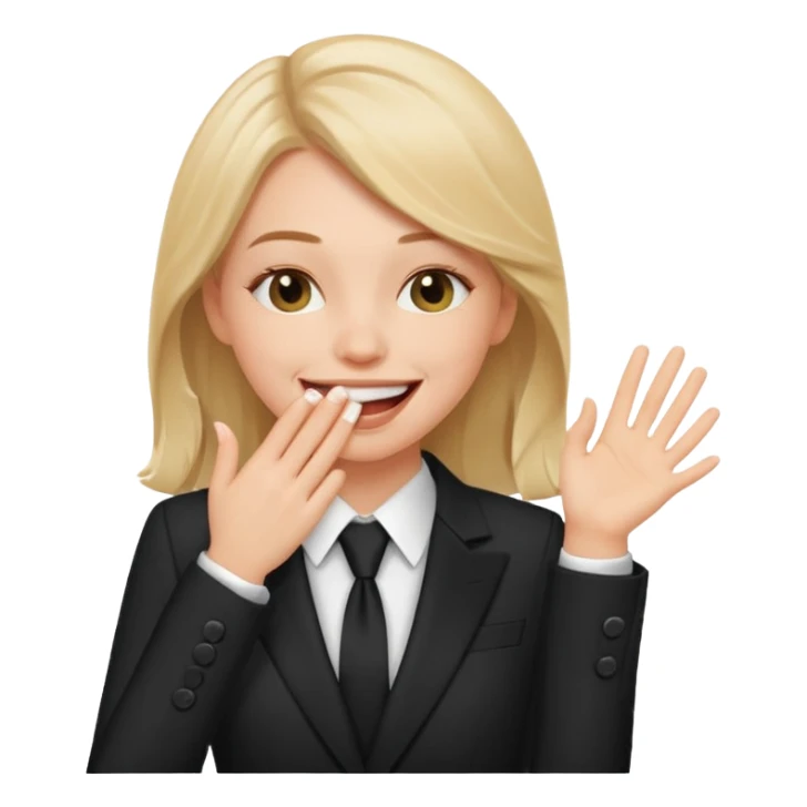 a white girl in a formal suit laughs, covers his mouth with his hand sticker