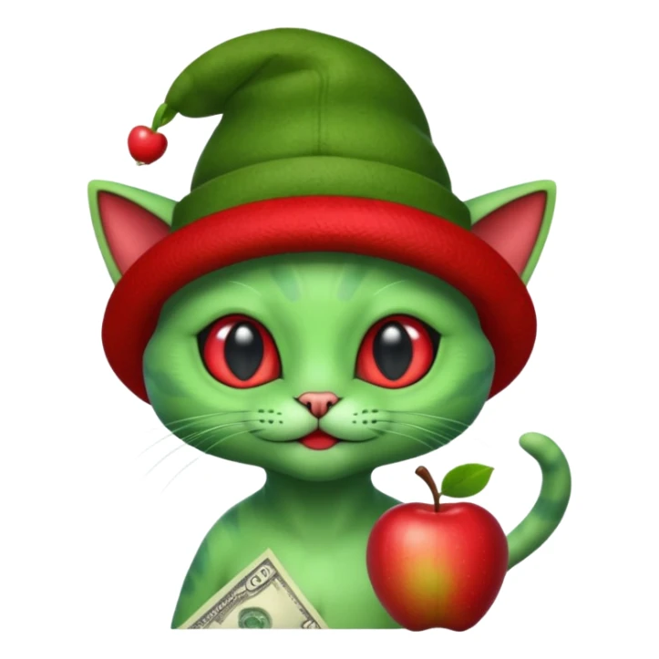 An alien cat with a red apple hat with cash all around it sticker