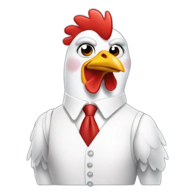 chicken wearing a white shirt with a red diagonal band sticker