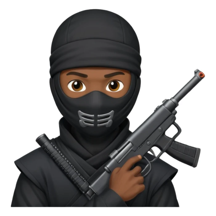 A black male in a ninja mask with a gun sticker