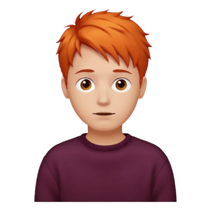 A guy with orange hair, short and messy, dark brown eyes, with a burgundy sweater sticker