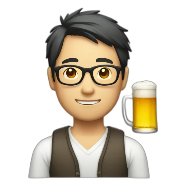 Japanese man wearing glasses holding beer sticker