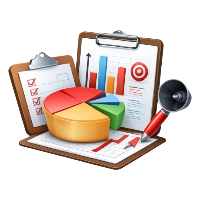 An icon featuring a pie chart, a clipboard with a checklist, and a megaphone, symbolizing management and marketing. The design includes upward-trending graphs and a target with an arrow, representing strategy and success. Transparent background highlights business organization and promotion. sticker