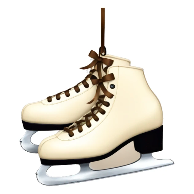 Cream color pair of ice skates hanging from a brown bow sticker