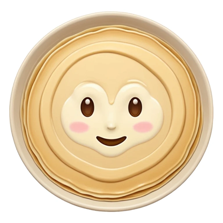 pancake batter smooth pale beige gentle swirl soft ridges glossy thick yet fluid ready to cook no pan spoon toppings soft lighting emoji scale sticker