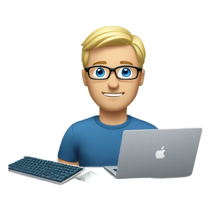 man looks 35 classes, european, tech nerd love , blue shirt blond short hair, blue eyes with specs behind macbook on with electronics pcb on the desk sticker
