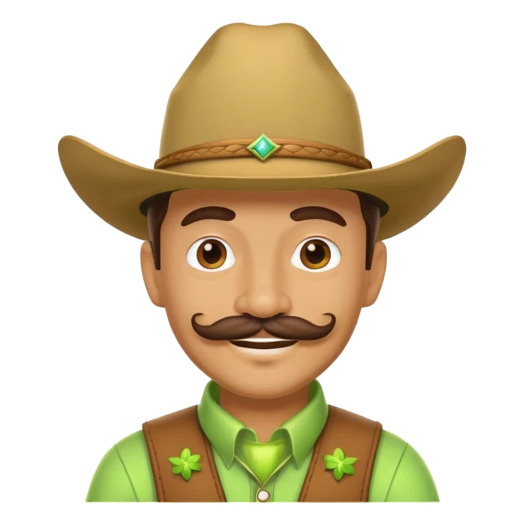 Smiling cowboy character with a lime green hat and mustache sticker