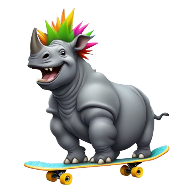 a rhino with ￼crazy hair on a skateboard  sticker