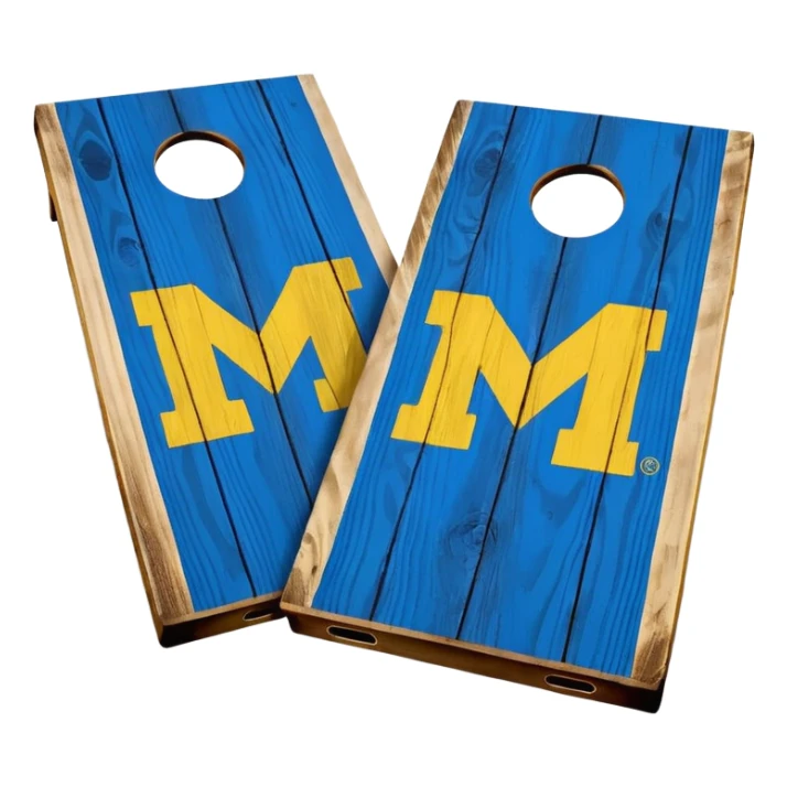 Cornhole board blue and yellow with Michigan “M” sticker
