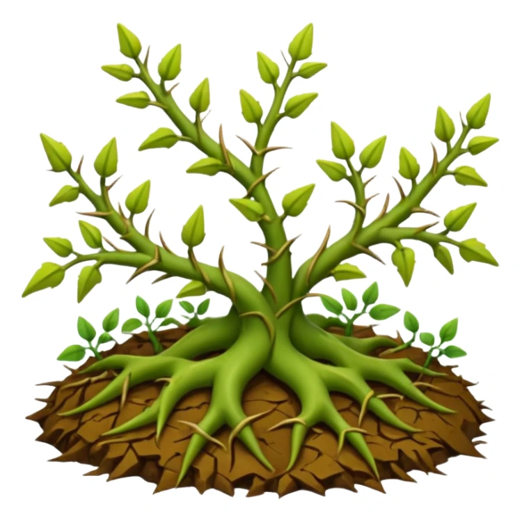 green vines with thorns sprouting from the ground, 3D, extremely detailed, earthy color palette, yellow green and brown tones sticker