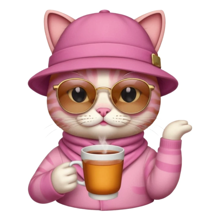 Pink cat with hat, holding cup of tea, wearing sunglasses sticker