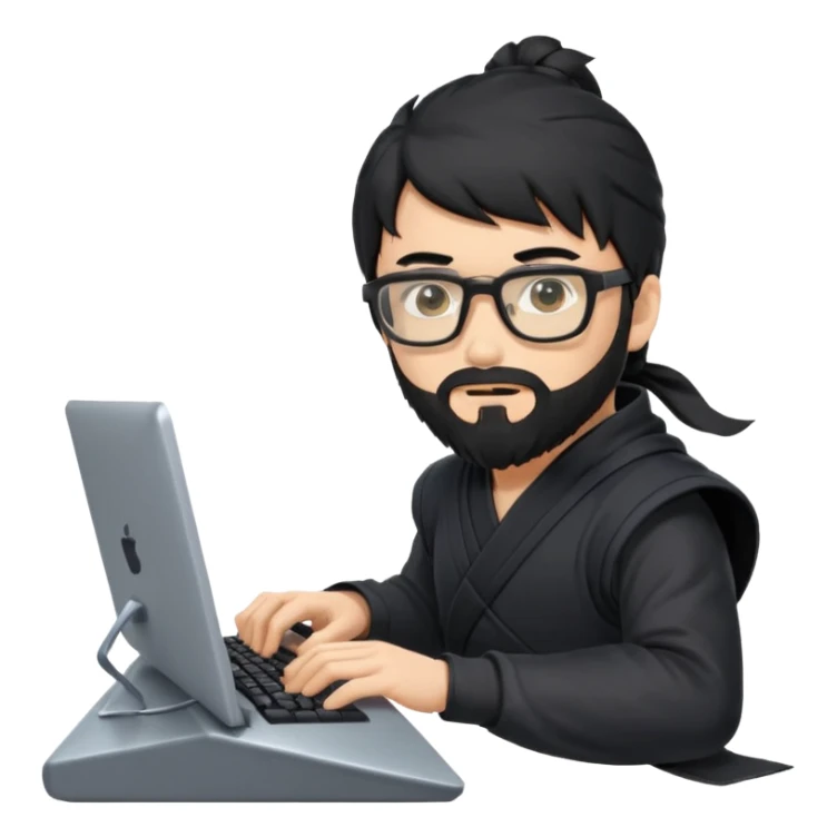 Man with black hair and beard wearing glasses in a ninja costume typing on a computer keyboard sticker