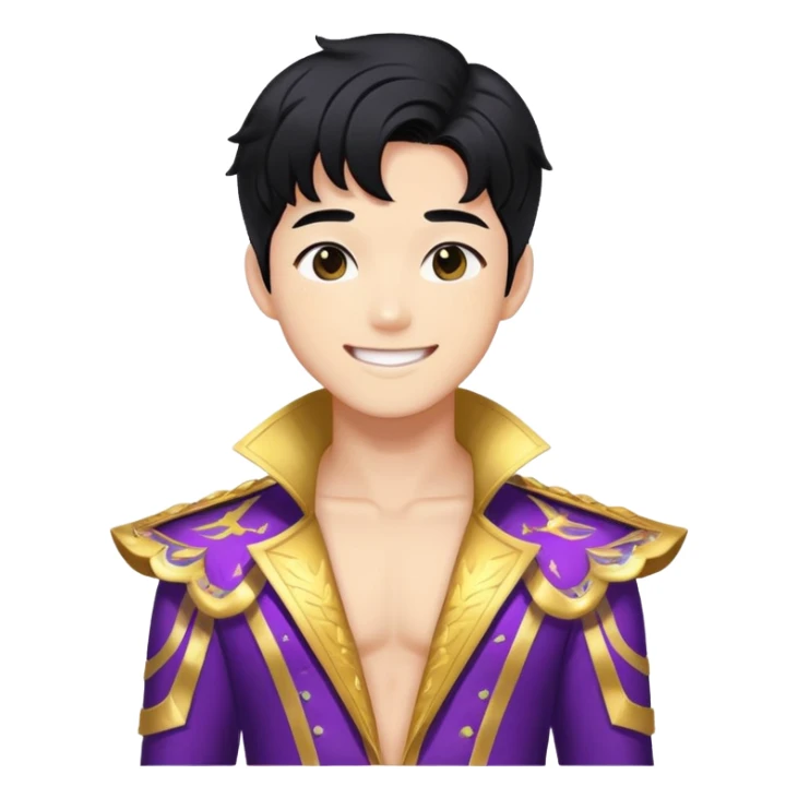 K-pop male idol with black hair, smiling face, wearing flashy stage costume sticker