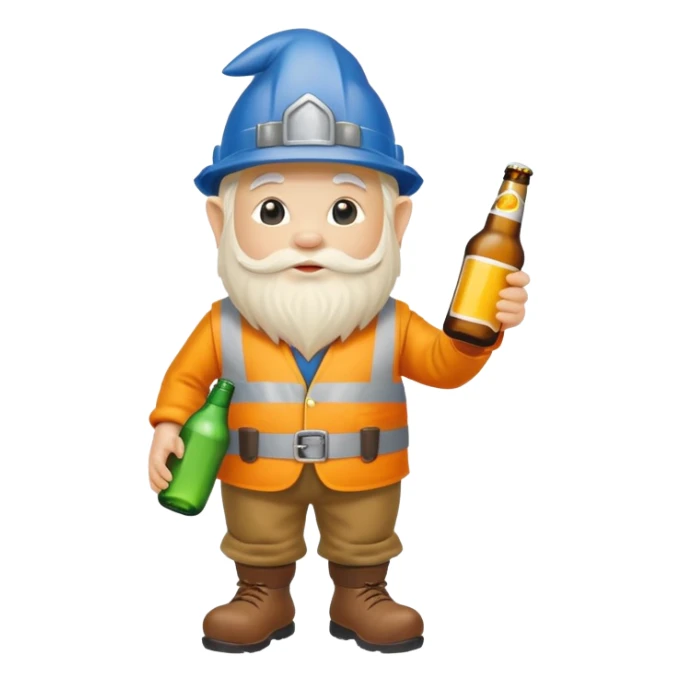 Garden gnome wearing construction clothes holding a bottle of beer sticker