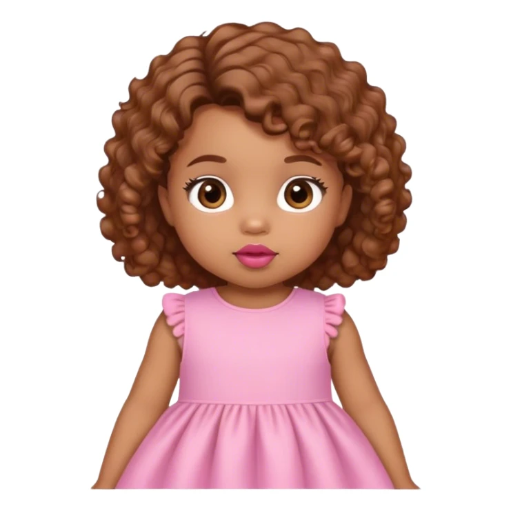 light brown skin tone, very adorable toddler, with big plump lips, long long lashes, brown curly bob, brown eyes, pink dress sticker