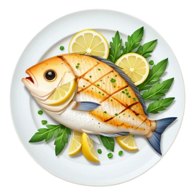 Draw a grilled fish fillet on a plate with lemon slices & herbs. sticker