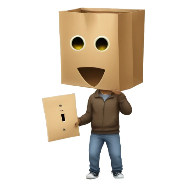 guy with a paper bag mask with eye holes on his head holding a light switch  sticker