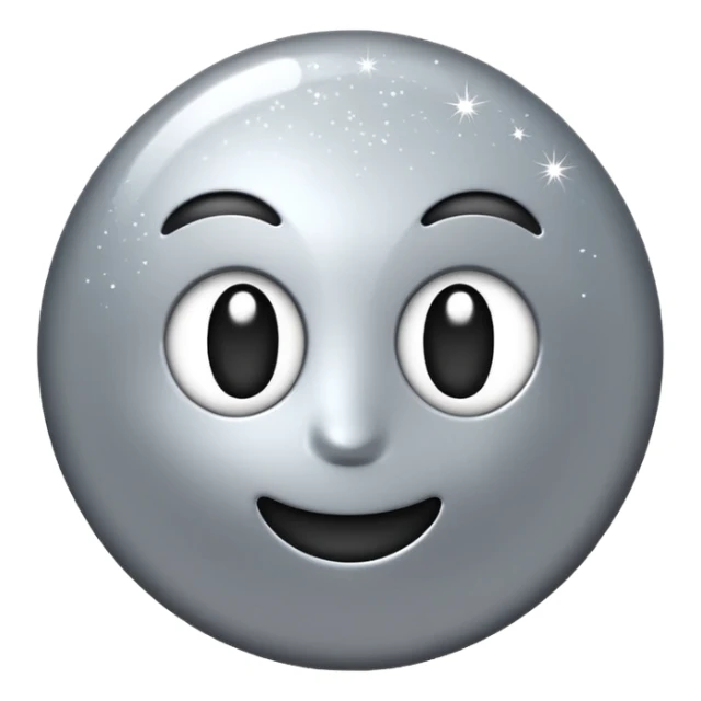Silver chrome sparkle emoji, iOS emoji style, minimal shape, glossy metallic shine, clean background, smooth lighting sticker