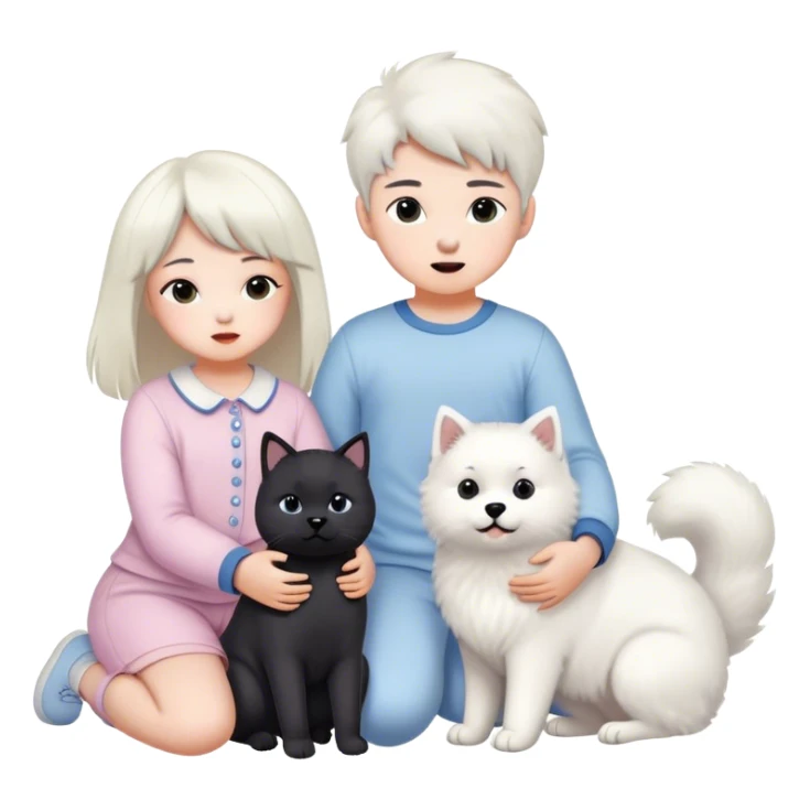 children in pastel clothes play with a Samoyed and a black British cat sticker