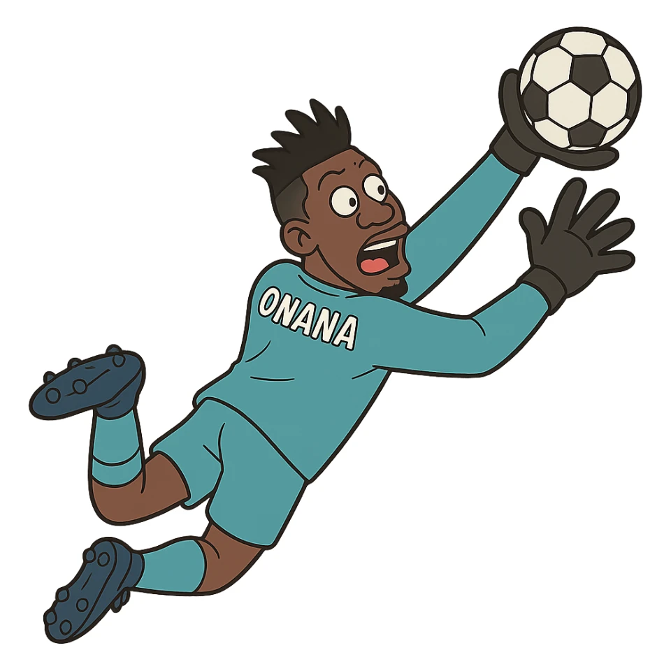 André Onana, cartoon illustration, diving to make a save, goalkeeper attire, lively and fun sticker
