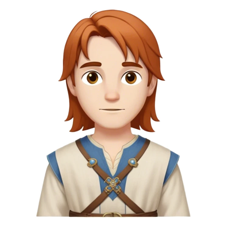 medieval spring outfit worn by a DnD themed fantasy male character. lightweight linen tunic with decorative stitching along the neckline and cuffs, belted at the waist with a cloth sash. clothes only above the waist. The clothes full waist. The character's haven't arms. character is white-skinned, auburn hair, brown eyes, shoulder-length straight hair. sticker