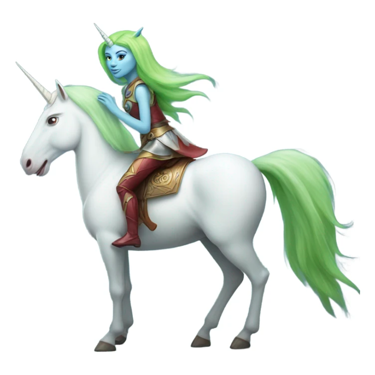 [
	{ a light green Amazon alien woman [ with red hair, with blue eyes]} 
	on a 
	[{ unicorn: white, legged:six, mane: light blue }] sticker