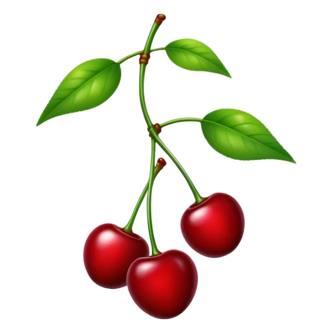 A pair of glossy red cherries with green stem and leaf sticker