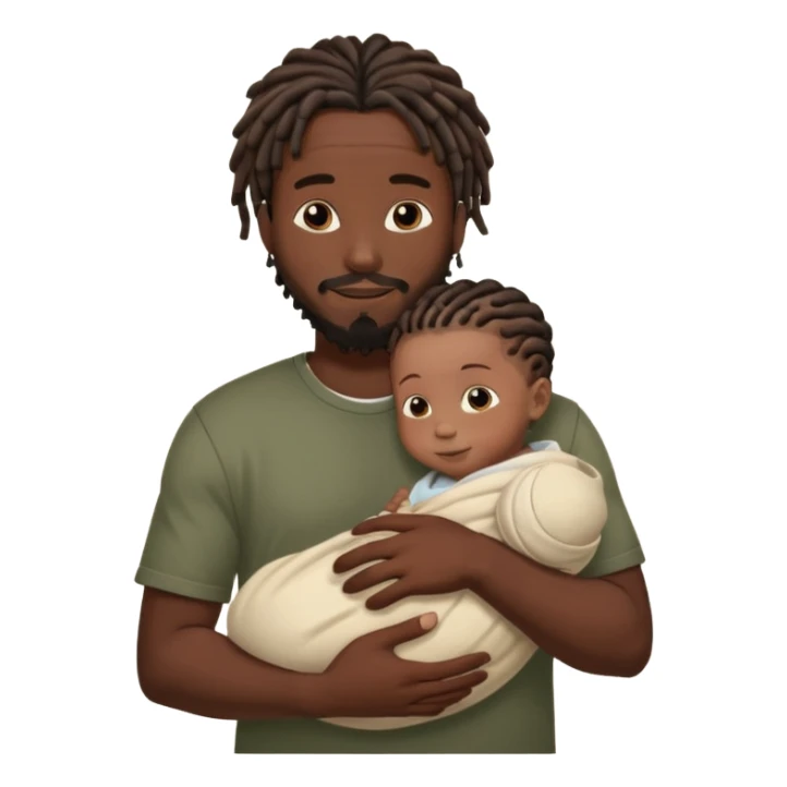 Happy African very dark black skinDad with short dread locs, with his newborn in arm,faceless brown skin newborn baby in arm. Just one newborn baby no third person sticker