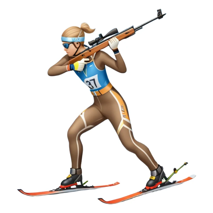 An icon featuring snow-covered trees, distant mountains, and a clear blue sky with a biathlete in motion, holding a rifle and skiing across a snowy course. Transparent background highlights the precision, endurance, and excitement of biathlon. sticker