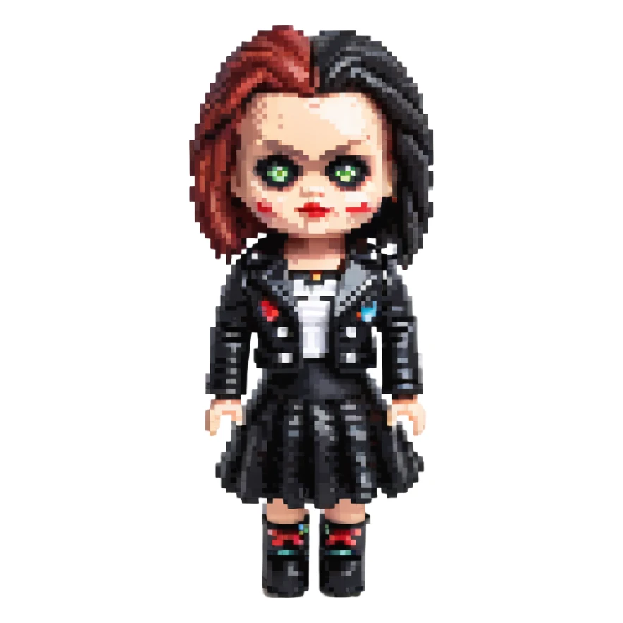 doll version of Chucky's bride in black dress, black leather jacket, heavy dark makeup sticker