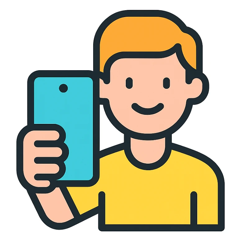 stylized selfie icon with a person, a phone, and a friendly expression, modern icon style sticker