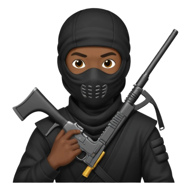 A black male in a ninja mask with a gun sticker