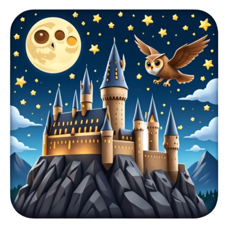 hogwarts castle on a starry night and owl flying in the air sticker