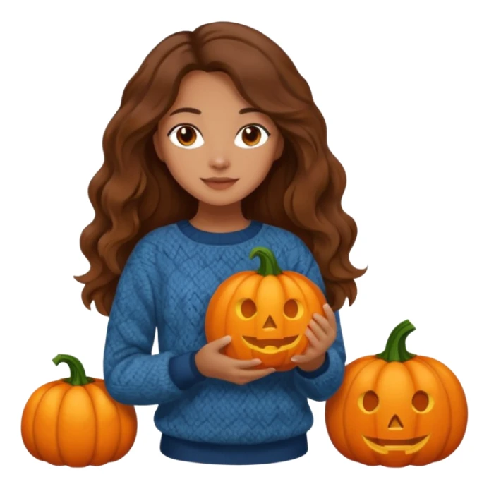 Cozy mixed girl with long wavy brown hair dressed for fall holding a pumpkin  sticker