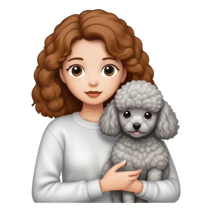 A girl with caramel brown hair holding a grey poodle sticker