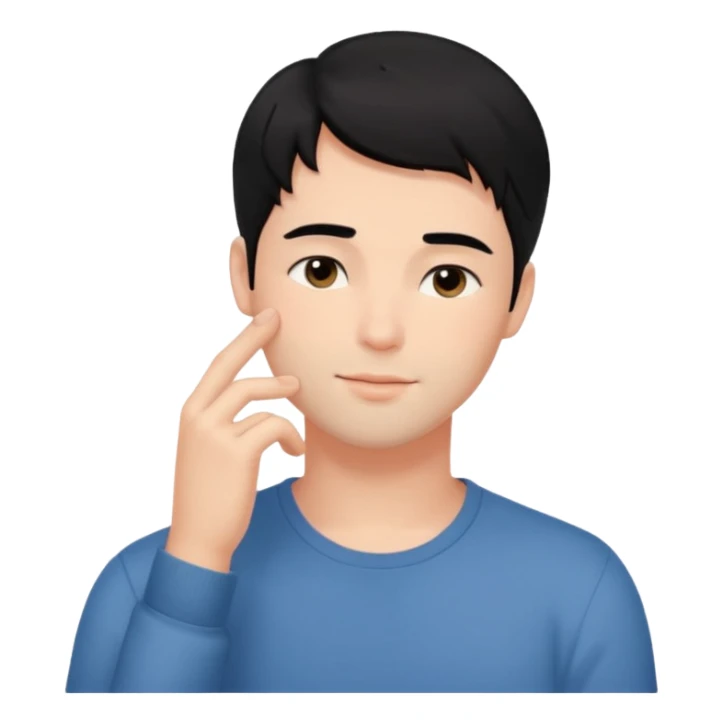 handsome guy with black hair, flushed and dreamy, gentle blush, relaxed posture, hand to cheek, romantic hints to boyfriend sticker