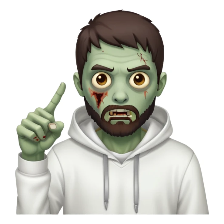 zombie pointing finger wearing plain white hoodie with no designs, dark brown hair and short full beard sticker