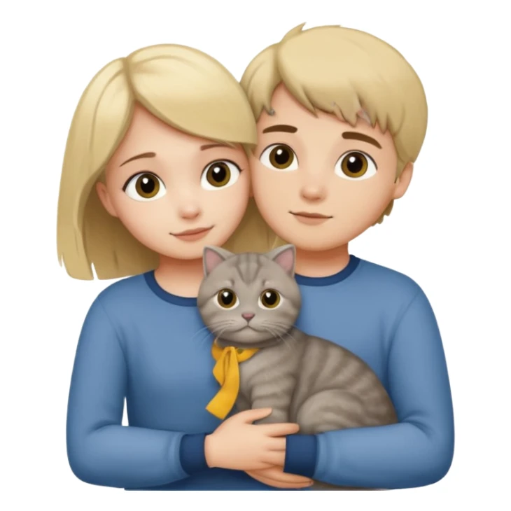 Blonde girl and brunette boy hugging a grey scottish fold cat sticker