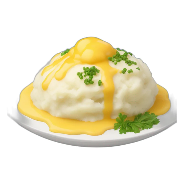 plate of mashed potatoes. side view. it is topped with blue and yellow sauce  sticker