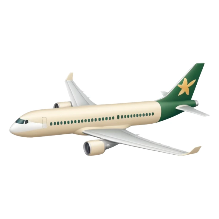 long passenger airplane, fully light beige (milky) color, only dark green (#173e12) inserts, no other colors, Apple emoji style, simple shapes, no text sticker