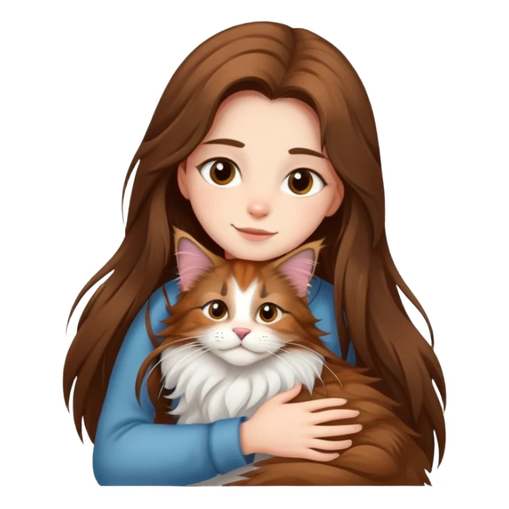 A girl with long  hair tightly hugged a Maine coon sticker