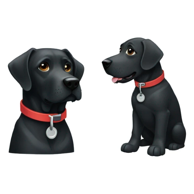 2 dogs, black labradors. one on the left smaller. The dog on left with a light blue collar. dog on right with red collar. sticker