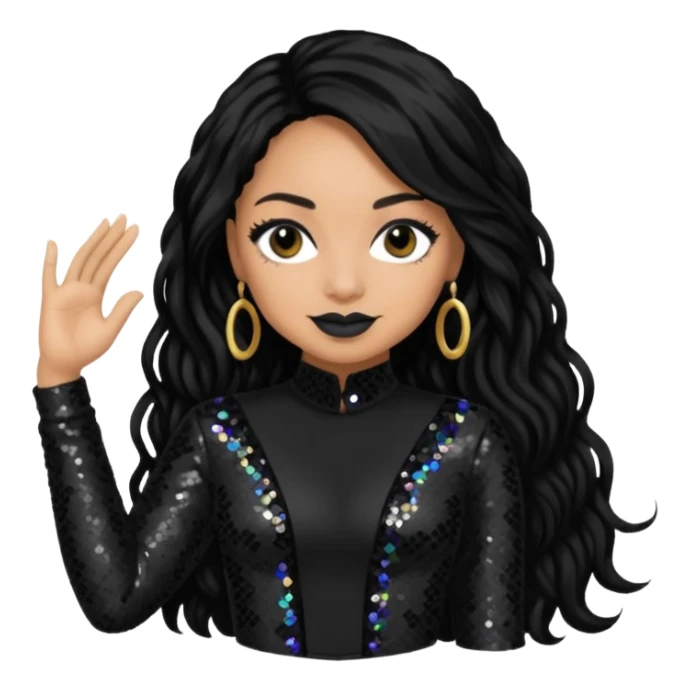 Raven Symone from Cheetah Girls with long jet black hair, black sequin outfit sticker