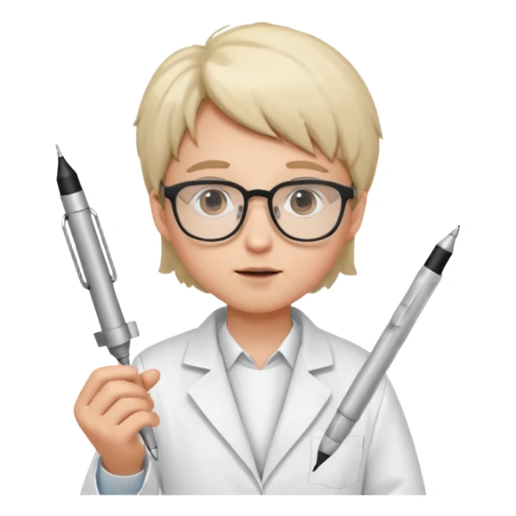 Portrait of a young scientist wearing a white lab coat, glasses, curious expression sticker