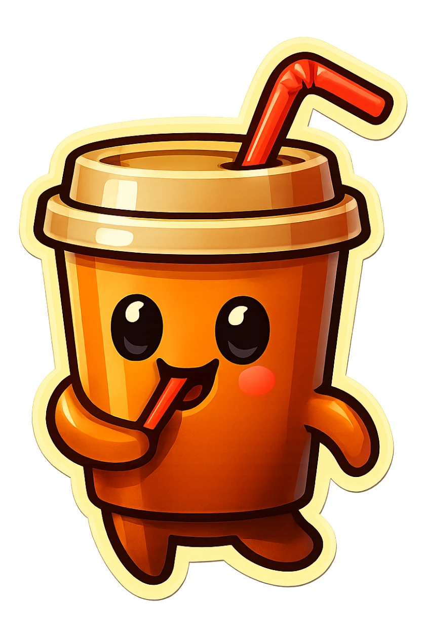 Tall coffee cup, amused, drinking coffee with straw, looking sideways sticker