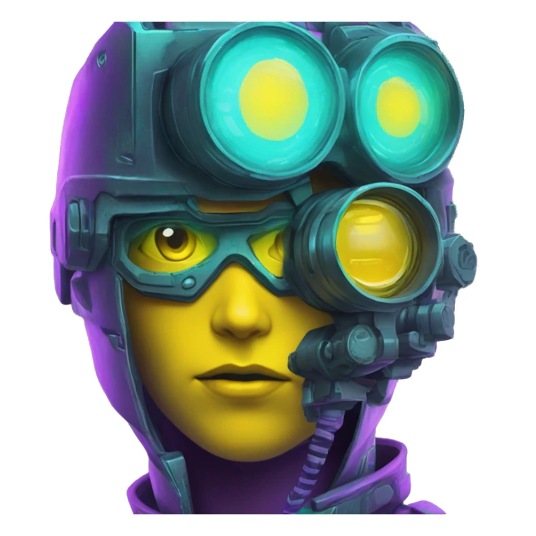 Secret human yellow emoji face agent with  cyberpunk elements with a spyglass scanning looking reviewing multicolor lines of code, cyan and purple colors, only upper body portrait sticker