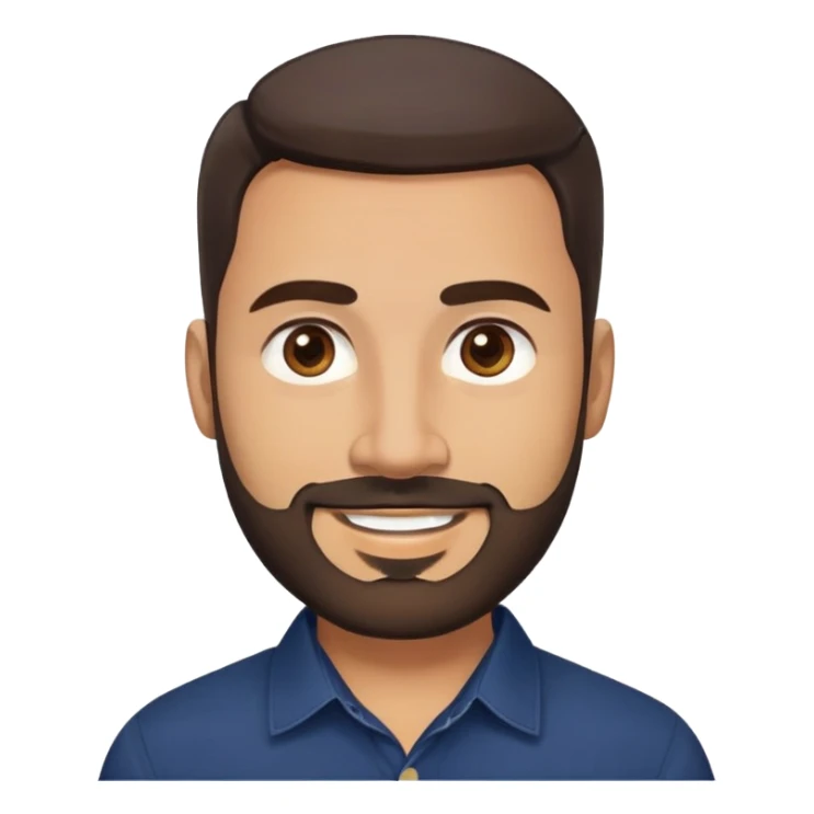Robust warm-looking man in his early 40s with light brown skin, round face, full cheeks, medium brown eyes, thick eyebrows, wide nose, friendly smile, short neat full beard, very short dark hair, wearing a navy blue button-up shirt sticker