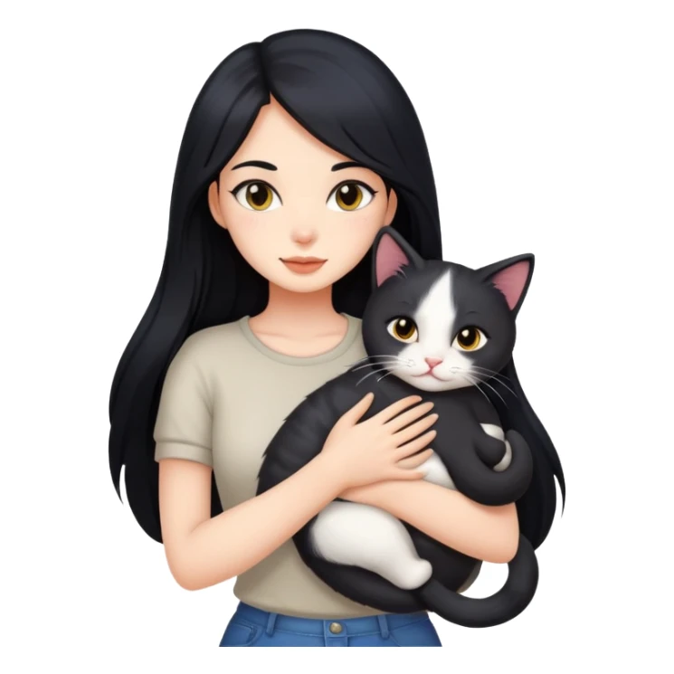 Hot girl with long black hair hugs a cat  sticker