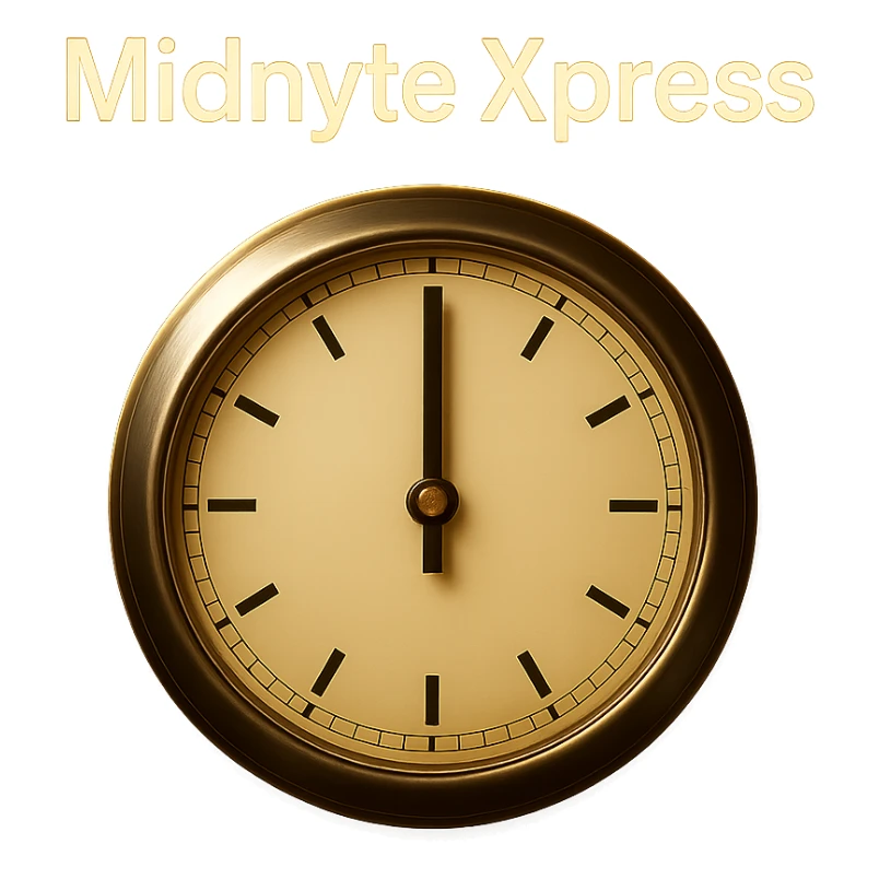 Add a glowing effect around the clock and the text 'Midnyte Xpress', keeping the realistic look and transparent background. Maintain the realistic style and enhance the glow effect around both the clock and the text for emphasis. sticker